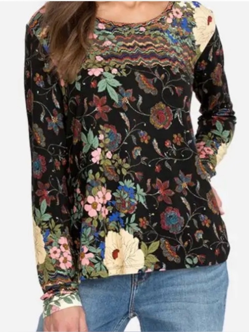 Johnny Was Bamboo Abstract Art to Wear Boat Neck Long Sleeve Floral Boho Top